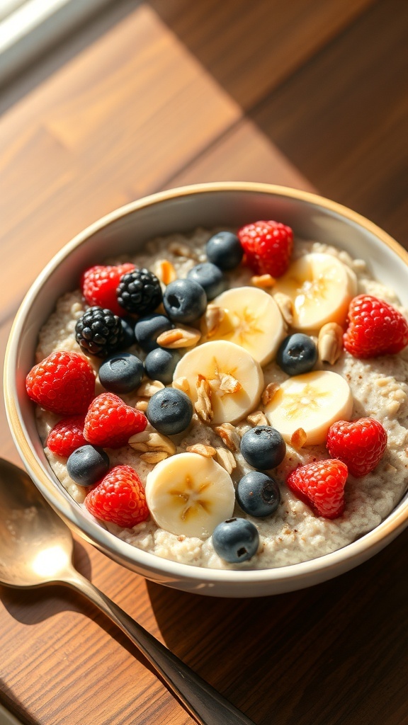 Healthy oatmeal breakfast bowl with bananas, berries, and nuts on a wooden table.